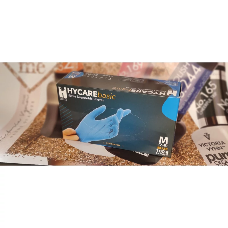 Púdermentes nitril kesztyű kék, L , 100 db Hycare